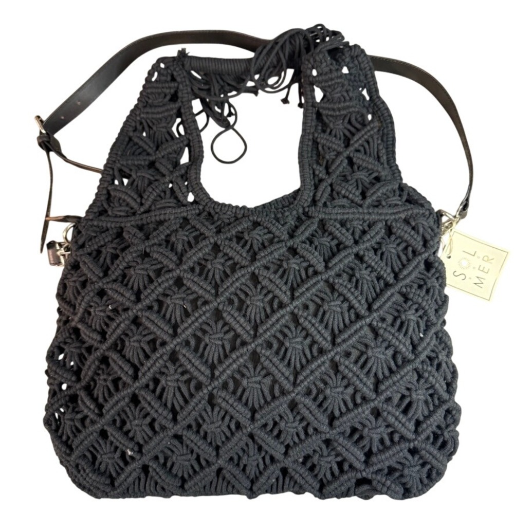 NWT Sol and Mer Black Macrame Tote Bag Crossbody Handbag Boho Knotted Tassel NWT